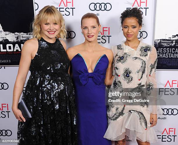 Actors Alison Pill, Jessica Chastain and Gugu Mbatha-Raw arrive at the AFI FEST 2016 Presented By Audi - Premiere Of EuraCorp USA's "Miss Sloane" at...