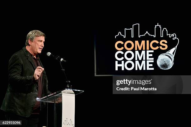 Cam Neely speaks at the 22nd Annual Comics Come Home performance to benefit the Cam Neely Foundation for Cancer Care which provides comfort, support...