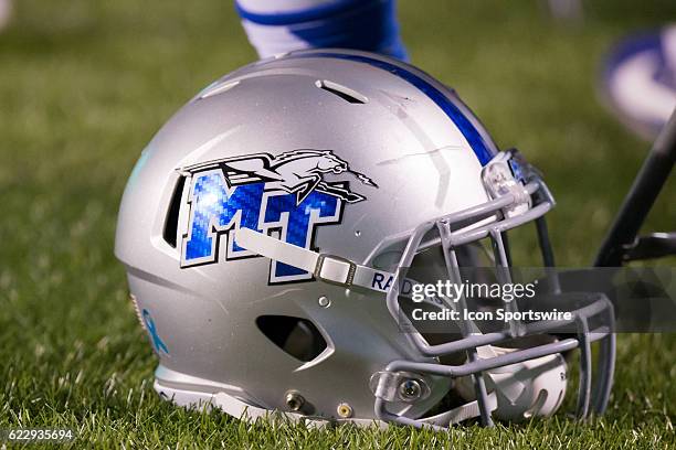 Middle Tennessee Blue Raiders helmet on the turf during the third quarter of the quarter of the NCAA Football game between the Middle Tennessee Blue...