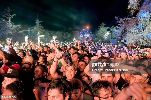 Festival goers watch Lil Uzi Vert perform on Flog Stage during day one of Tyler, the Creator's 5th Annual Camp Flog Gnaw Carnival at Exposition Park...