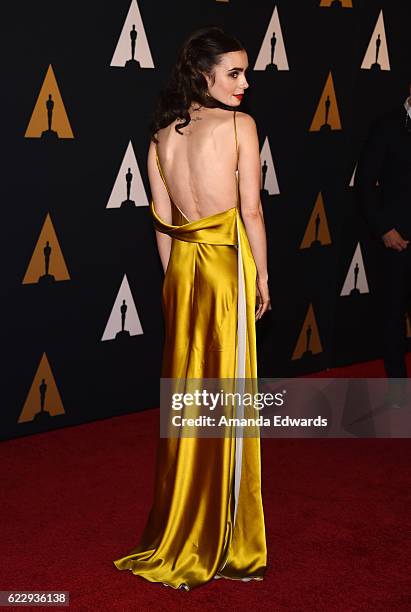 Actress Lily Collins arrives at the Academy of Motion Picture Arts and Sciences' 8th Annual Governors Awards at The Ray Dolby Ballroom at Hollywood &...