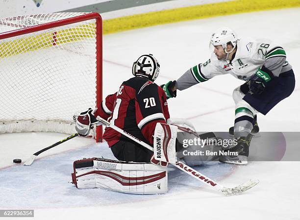 Nolan Volcan of the Seattle Thunderbirds scores against goaltender Ryan Kubic of the Vancouver Giants during the third period of their WHL game at...