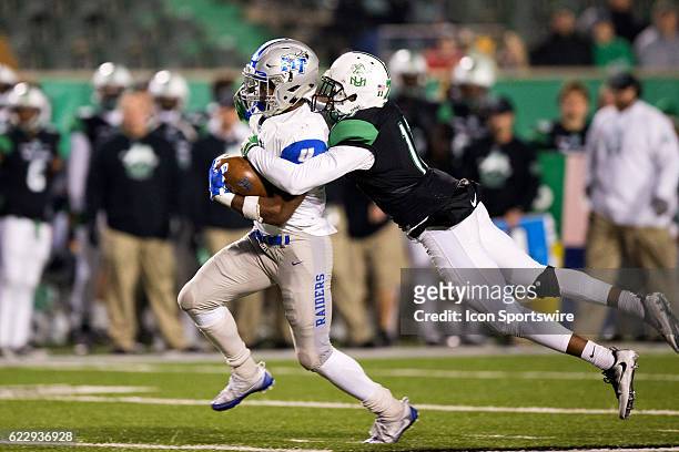 Marshall Thundering Herd DB Rodney Allen makes a tackle on Middle Tennessee Blue Raiders RB I'Tavius Mathers during the third quarter of the quarter...
