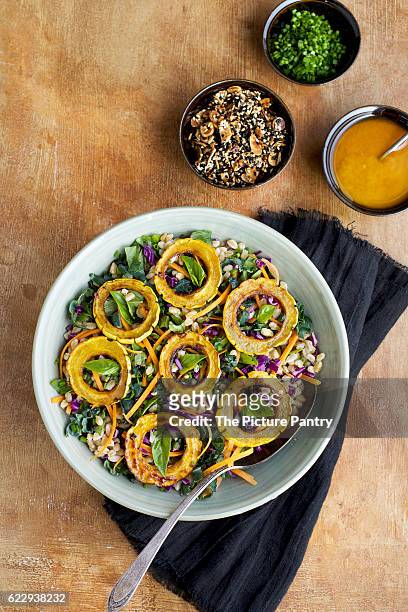 sesame farro salad with delicata squash served with dressing, toasted nuts, and chives - delicata squash stock pictures, royalty-free photos & images