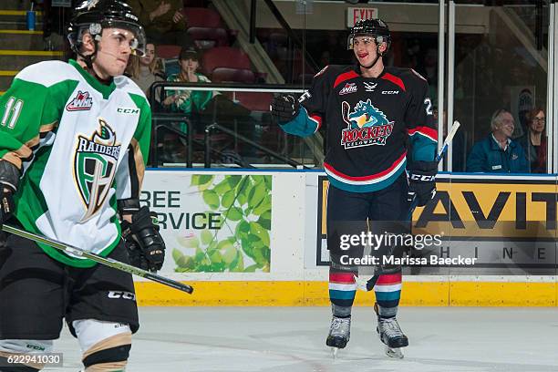 Cal Foote of the Kelowna Rockets stands on the ice to celebrate a third period goal against the Prince Albert Raiders at Prospera Place on November...