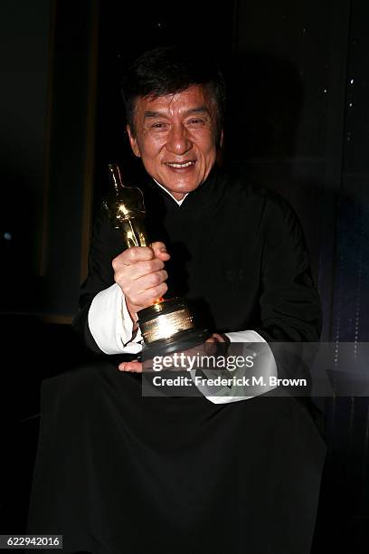 Honoree Jackie Chan poses with his award during the Academy of Motion Picture Arts and Sciences' 8th annual Governors Awards at The Ray Dolby...