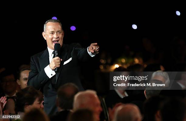 Actor Tom Hanks speaks during the Academy of Motion Picture Arts and Sciences' 8th annual Governors Awards at The Ray Dolby Ballroom at Hollywood &...