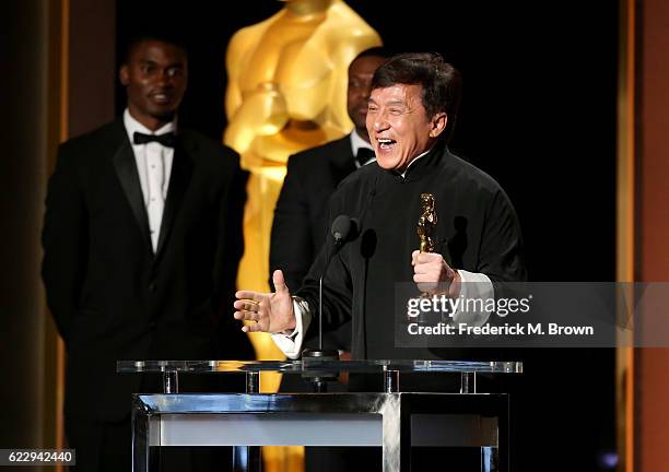 Honoree Jackie Chan accepts his award during the Academy of Motion Picture Arts and Sciences' 8th annual Governors Awards at The Ray Dolby Ballroom...