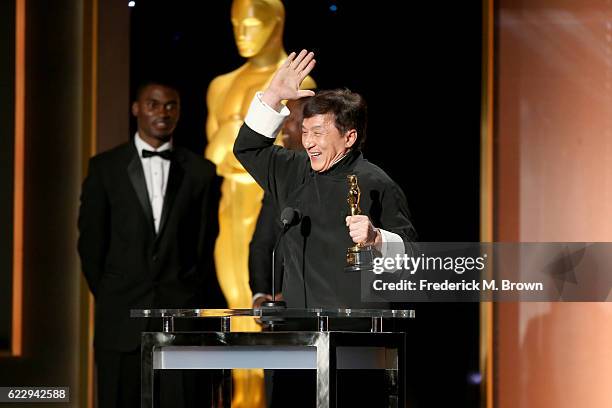 Honoree Jackie Chan accepts his award during the Academy of Motion Picture Arts and Sciences' 8th annual Governors Awards at The Ray Dolby Ballroom...