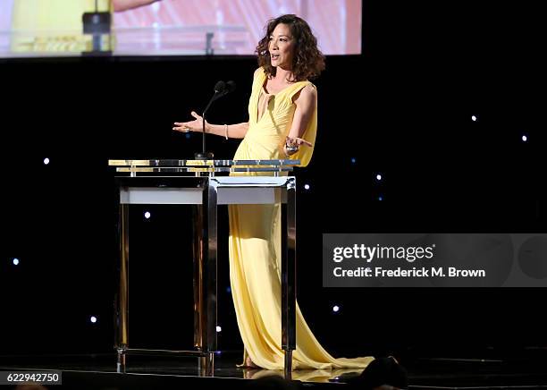 Actress Michelle Yeoh speaks onstage during the Academy of Motion Picture Arts and Sciences' 8th annual Governors Awards at The Ray Dolby Ballroom at...