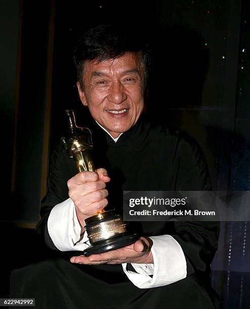 Honoree Jackie Chan poses with his award during the Academy of Motion Picture Arts and Sciences' 8th annual Governors Awards at The Ray Dolby...