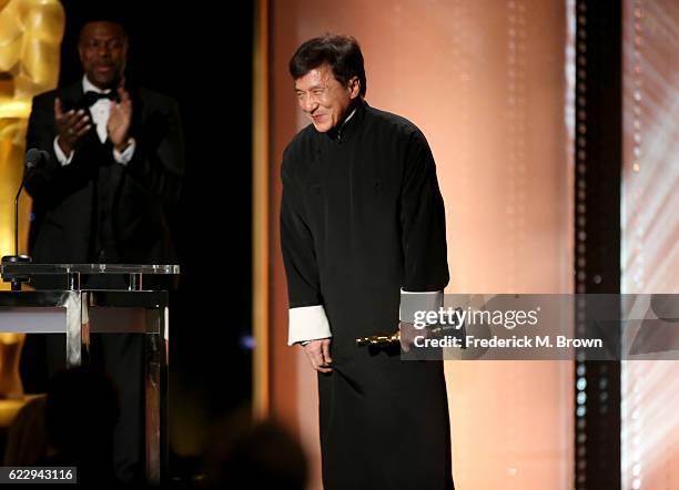 Honoree Jackie Chan accepts his award during the Academy of Motion Picture Arts and Sciences' 8th annual Governors Awards at The Ray Dolby Ballroom...