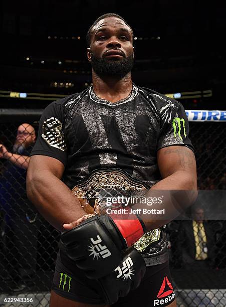 Tyron Woodley of the United States reacts after his bout is declared a majority draw with Stephen Thompson of the United States in their welterweight...