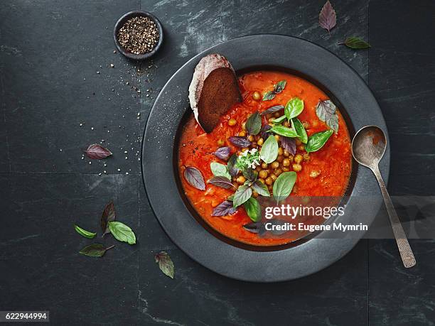 harissa soup with potato and chickpeas - food photography from above stock-fotos und bilder