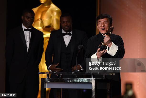 Honoree Jackie Chan accepts his Honorary Oscar Award during the 8th Annual Governors Awards hosted by the Academy of Motion Picture Arts and Sciences...