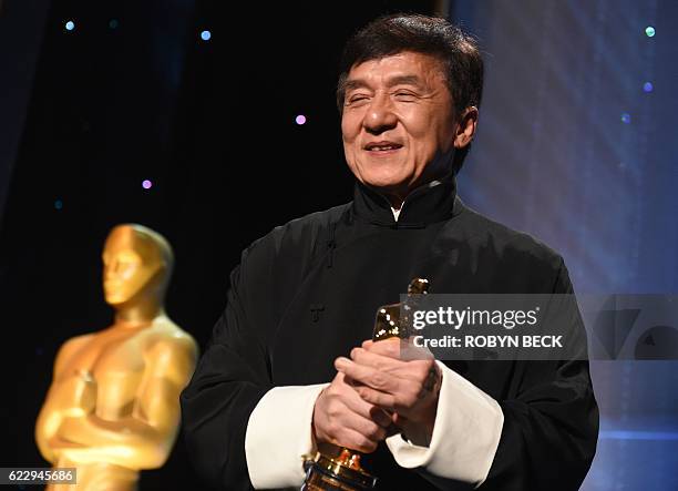 Honoree Jackie Chan poses with his Honorary Oscar Award during the 8th Annual Governors Awards hosted by the Academy of Motion Picture Arts and...
