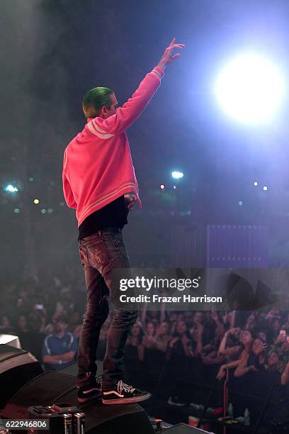 Eazy performs with DJ Mustard on Flog Stage during day one of Tyler, the Creator's 5th Annual Camp Flog Gnaw Carnival at Exposition Park on November...