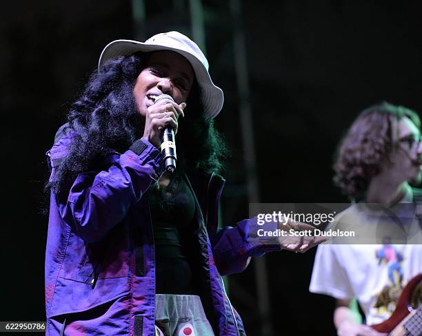 Rapper SZA performs onstage during the 5th annual Camp Flog Gnaw Festival at Exposition Park on November 12, 2016 in Los Angeles, California.