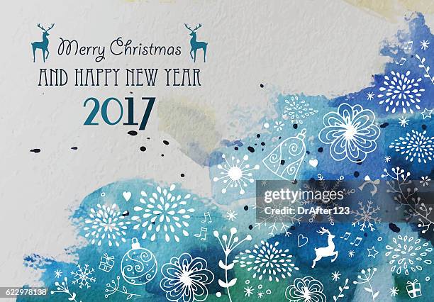 手描き要素を持つクリスマスと新年のグリーティングカード - hand drawn christmas card with reindeer点のイラスト素材／クリップアート素材／マンガ素材／アイコン素材