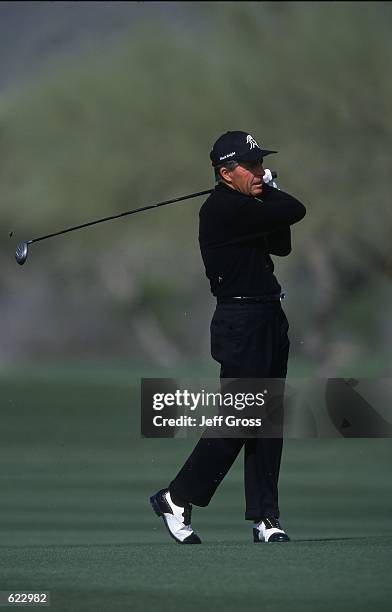 Gary Player tees off during The Tradition at the Desert Mountain Cochise Course in Scottsdale, Arizona.Mandatory Credit: Jeff Gross /Allsport