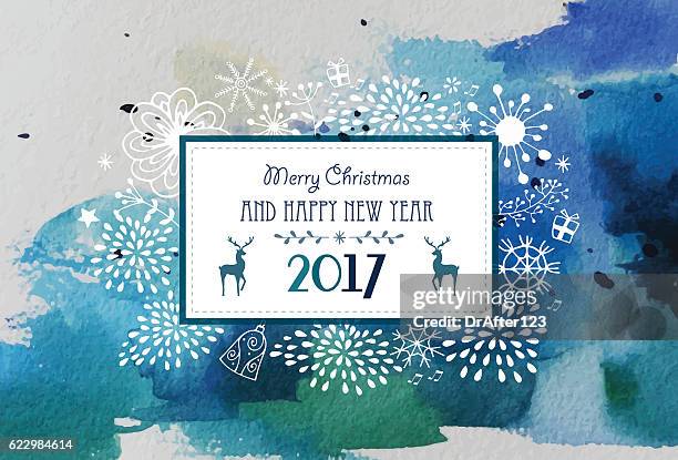 手描き要素を持つクリスマスと新年のグリーティングカード - hand drawn christmas card with reindeer点のイラスト素材／クリップアート素材／マンガ素材／アイコン素材