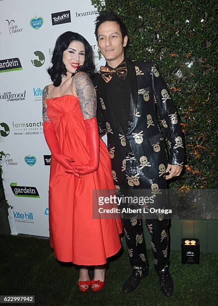Personality/tattoo artist Kat Von D and Greg "G-Spot" Siebel arrive for Farm Sanctuary's 30th Anniversary Gala held at the Beverly Wilshire Four...