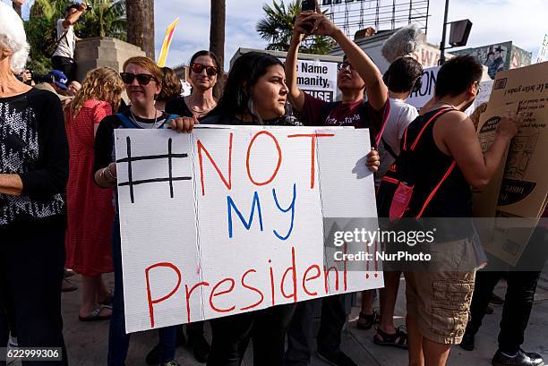 Demonstrators marched through the streets of Los Angeles in protest of President-Elect, Donald Trump. Los Angeles, California November 12, 2016....