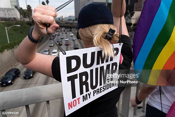 Demonstrators on a freeway overpass during an anti-Trump protest in Los Angeles, California on November 12, 2016. According to the LAPD an estimated...