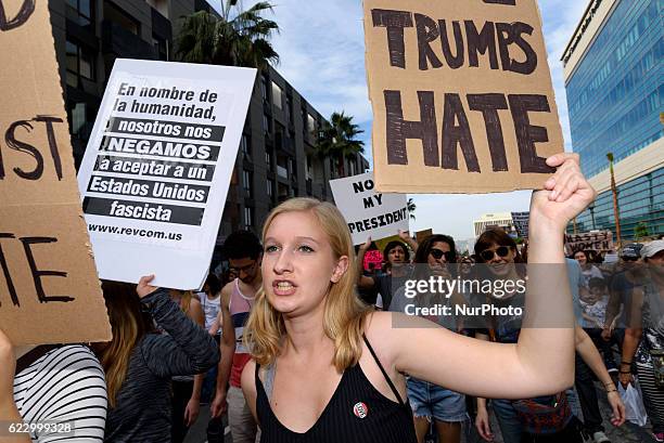 Demonstrators marched through the streets of Los Angeles in protest of President-Elect, Donald Trump. Los Angeles, California November 12, 2016....