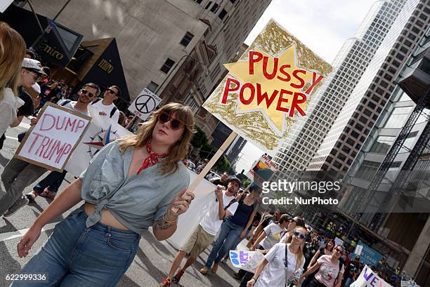 Demonstrators marched through the streets of Los Angeles in protest of President-Elect, Donald Trump. Los Angeles, California November 12, 2016....