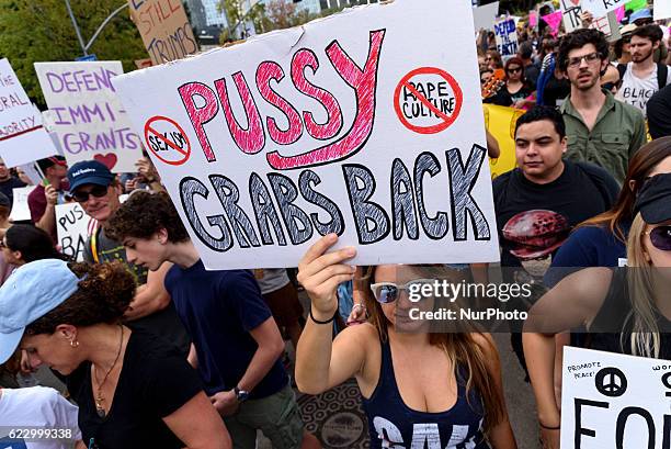 Demonstrators marched through the streets of Los Angeles in protest of President-Elect, Donald Trump. Los Angeles, California November 12, 2016....