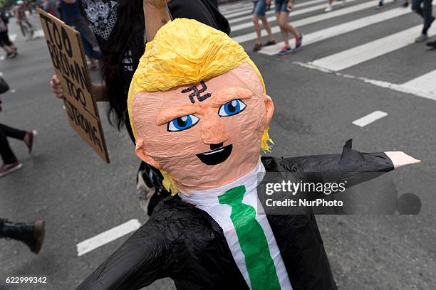 Demonstrators marched through the streets of Los Angeles in protest of President-Elect, Donald Trump. Los Angeles, California November 12, 2016....