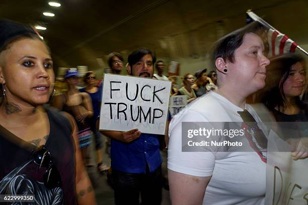 Demonstrators marched through the streets of Los Angeles in protest of President-Elect, Donald Trump. Los Angeles, California November 12, 2016....