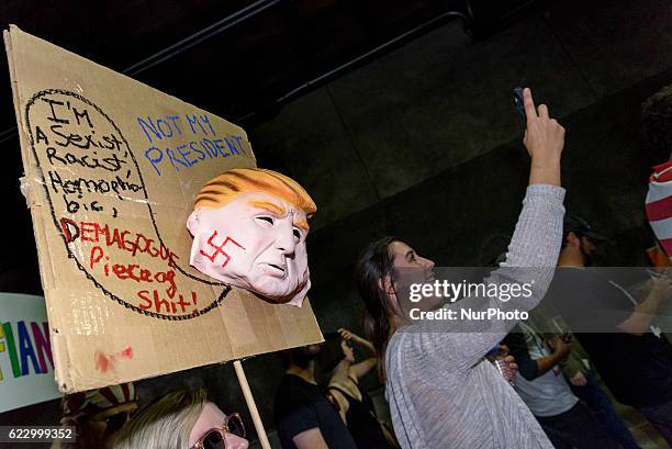 Demonstrators marched through the streets of Los Angeles in protest of President-Elect, Donald Trump. Los Angeles, California November 12, 2016....