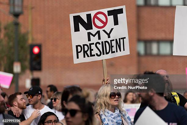 Demonstrators marched through the streets of Los Angeles in protest of President-Elect, Donald Trump. Los Angeles, California November 12, 2016....