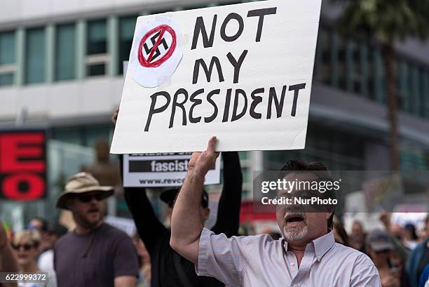 Demonstrators marched through the streets of Los Angeles in protest of President-Elect, Donald Trump. Los Angeles, California November 12, 2016....