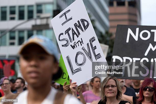 Demonstrators marched through the streets of Los Angeles in protest of President-Elect, Donald Trump. Los Angeles, California November 12, 2016....