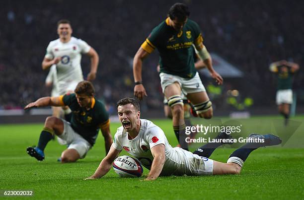 George Ford of England celebrates scoring his teams third try during the Old Mutual Wealth Series match between England and South Africa at...