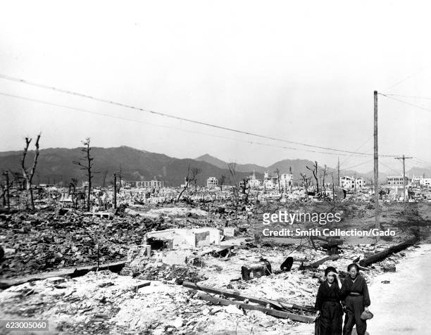 Desolation and dilapidated structures in Hiroshima following the atomic bombing of Japan, 1945. Image courtesy US Department of Energy. .