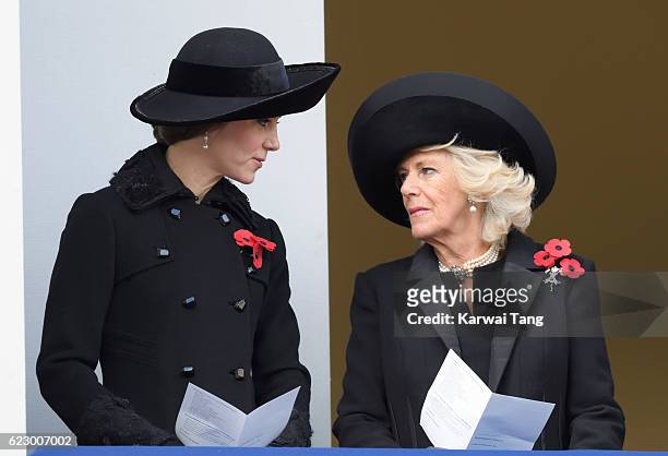 Catherine, Duchess of Cambridge and Camilla, Duchess of Cornwall attend the annual Remembrance Sunday Service at the Cenotaph on Whitehall on...