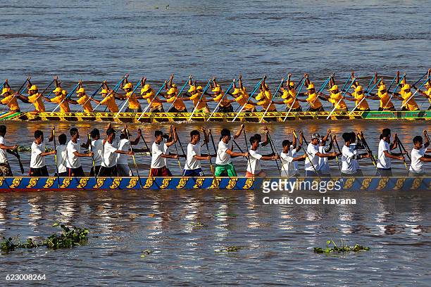 Boat crew members train on the waters of the Tonle Sap River on the morning of the first day of the Water Festival on November 13, 2016 in Phnom...