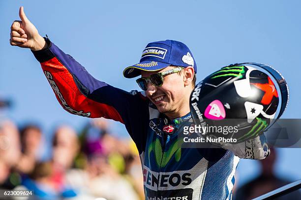 Jorge Lorenzo from Spain of Movistar Yamaha Moto GP celebrating the victory during the race of Moto GP Gran Premio Motul de la Comunitat Valenciana...