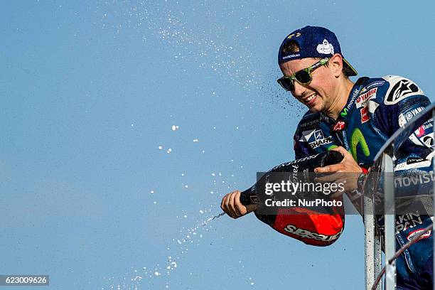 Jorge Lorenzo from Spain of Movistar Yamaha Moto GP celebrating the victory during the race of Moto GP Gran Premio Motul de la Comunitat Valenciana...