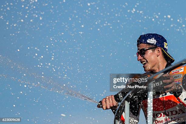 Marc Marquez from Spain of Repsol Honda Team celebrating with his fans during the race of Moto GP Gran Premio Motul de la Comunitat Valenciana at...