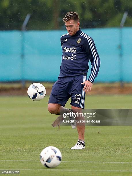 Julio Buffarini of Argentina controls the ball during a training session at Argentine Football Association 'Julio Humberto Grondona' training camp on...