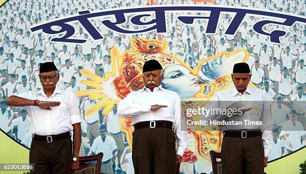 Chief Mohan Bhagwat addressing the RSS volunteers and BJP workers during 2-day visit at Parade Ground, on November 13, 2016 in Jammu, India. Bhagwat...