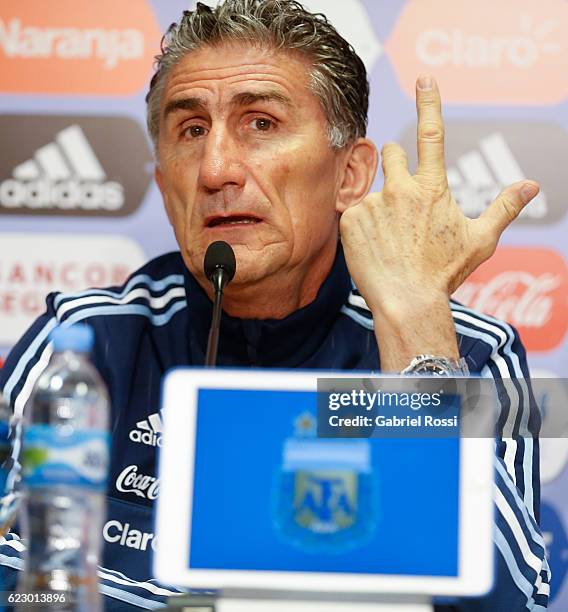 Edgardo Bauza coach of Argentina speaks during a press conference at Argentine Football Association 'Julio Humberto Grondona' training camp on...