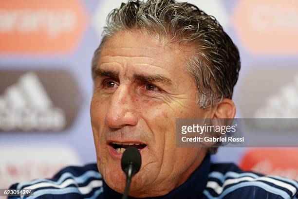 Edgardo Bauza coach of Argentina speaks during a press conference at Argentine Football Association 'Julio Humberto Grondona' training camp on...