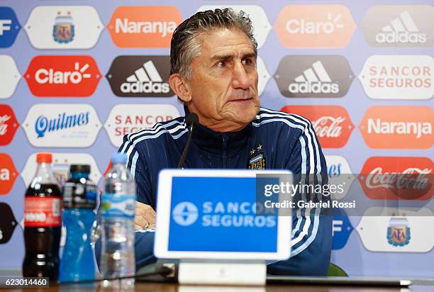 Edgardo Bauza coach of Argentina looks on during a press conference at Argentine Football Association 'Julio Humberto Grondona' training camp on...
