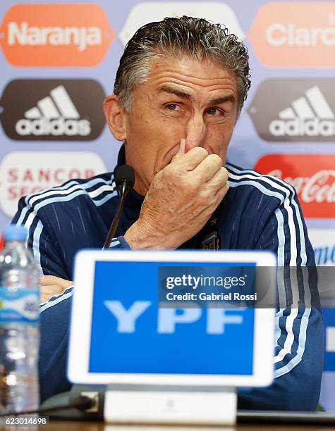 Edgardo Bauza coach of Argentina gestures during a press conference at Argentine Football Association 'Julio Humberto Grondona' training camp on...